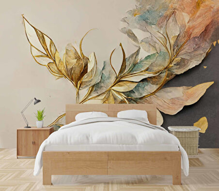 Altın ve Renkli Yaprak Desenli Duvar Kağıdı