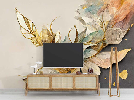 Altın ve Renkli Yaprak Desenli Duvar Kağıdı