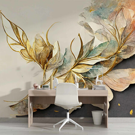 Altın ve Renkli Yaprak Desenli Duvar Kağıdı