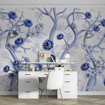 Mavi Çiçek ve Dal Desenli Duvar Kağıdı