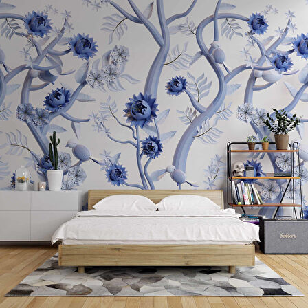 Mavi Çiçek ve Dal Desenli Duvar Kağıdı