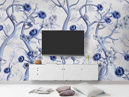 Mavi Çiçek ve Dal Desenli Duvar Kağıdı