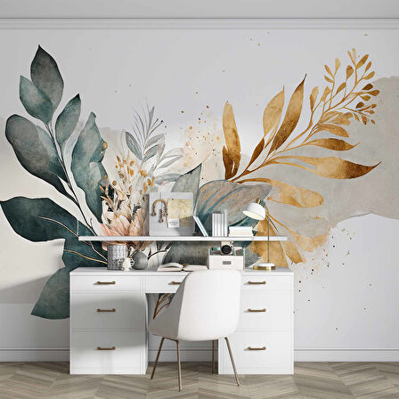 Yeşil ve Altın Yaprak Pembe Çiçek Desenli Duvar Kağıdı