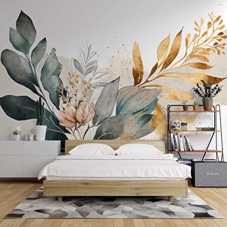 Yeşil ve Altın Yaprak Pembe Çiçek Desenli Duvar Kağıdı