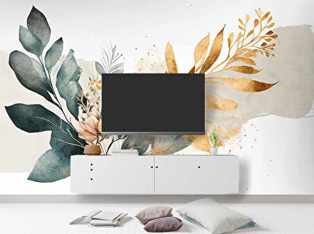 Yeşil ve Altın Yaprak Pembe Çiçek Desenli Duvar Kağıdı