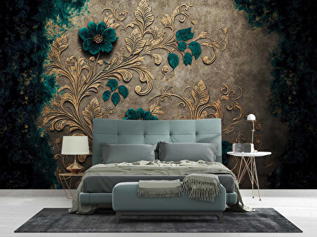 Altın Yaprak Yeşil Çiçek Desenli Duvar Kağıdı