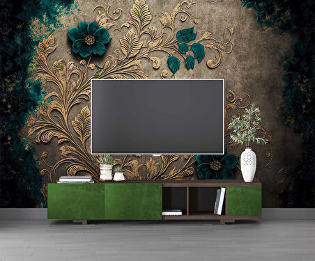 Altın Yaprak Yeşil Çiçek Desenli Duvar Kağıdı