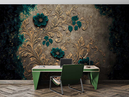 Altın Yaprak Yeşil Çiçek Desenli Duvar Kağıdı