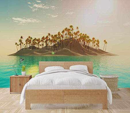 Palmiye ve Ada Manzaralı Duvar Kağıdı
