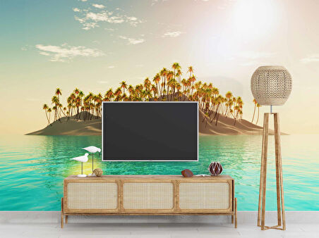 Palmiye ve Ada Manzaralı Duvar Kağıdı