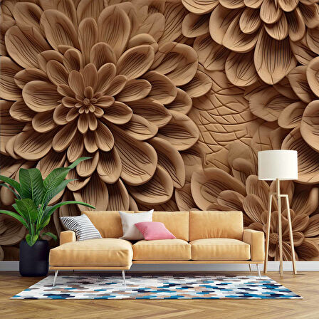 Çiçek Figürlü Ağaç Oyma Desenli Duvar Kağıdı