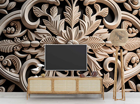 3 Boyutlu Çiçek Figürlü Ağaç Oyma Desenli Duvar Kağıdı