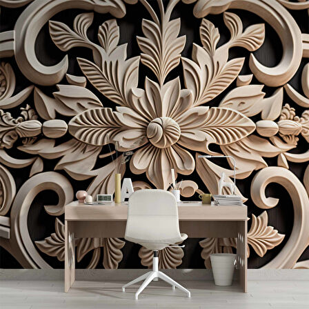 3 Boyutlu Çiçek Figürlü Ağaç Oyma Desenli Duvar Kağıdı