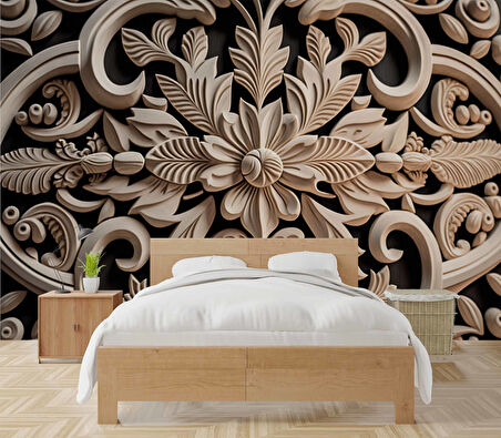 3 Boyutlu Çiçek Figürlü Ağaç Oyma Desenli Duvar Kağıdı