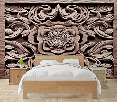 3 Boyutlu Tablo Şeklinde Ağaç Oyma Desenli Duvar Kağıdı