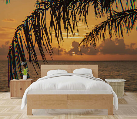 Gün Batımı ve Palmiye Dal Manzaralı Duvar Kağıdı