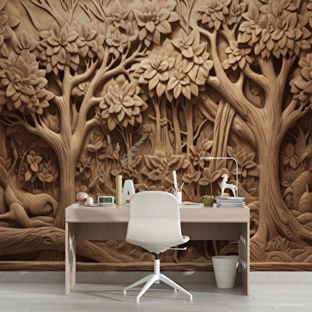 3 Boyutlu Orman Figürlü Ağaç Oyma Desenli Duvar Kağıdı