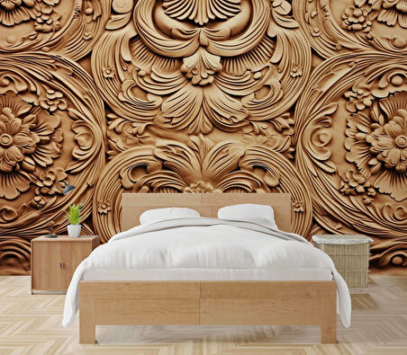 3 Boyutlu Çiçek Figürlü Ağaç Oyma Desenli Duvar Kağıdı