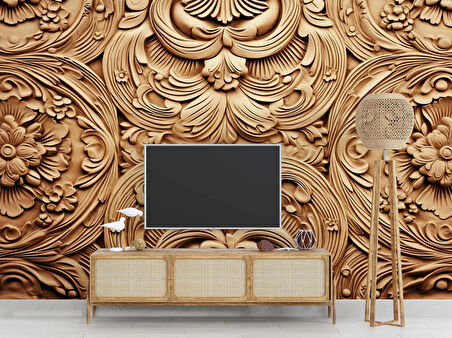 3 Boyutlu Çiçek Figürlü Ağaç Oyma Desenli Duvar Kağıdı