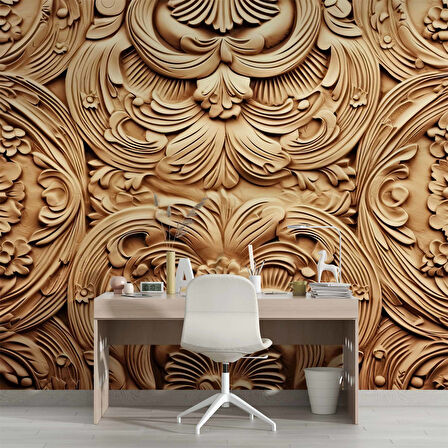 3 Boyutlu Çiçek Figürlü Ağaç Oyma Desenli Duvar Kağıdı