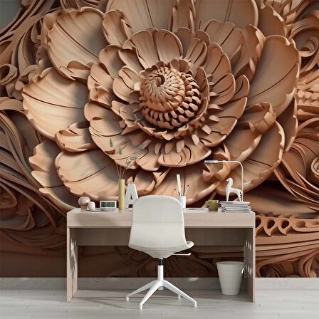 3 Boyutlu Açan Çiçek Figürlü Ağaç Oyma Desenli Duvar Kağıdı