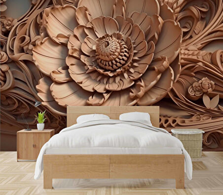 3 Boyutlu Açan Çiçek Figürlü Ağaç Oyma Desenli Duvar Kağıdı