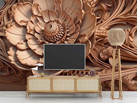 3 Boyutlu Açan Çiçek Figürlü Ağaç Oyma Desenli Duvar Kağıdı