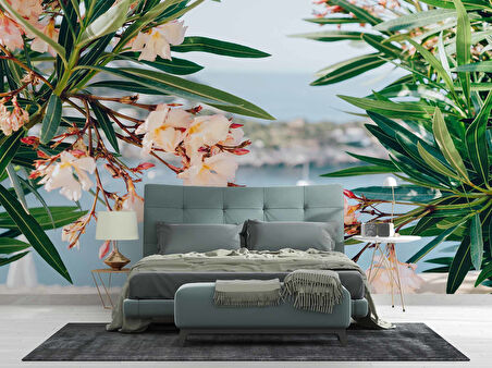 Pembe Çiçek ve Deniz Manzaralı Duvar Kağıdı