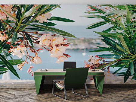 Pembe Çiçek ve Deniz Manzaralı Duvar Kağıdı