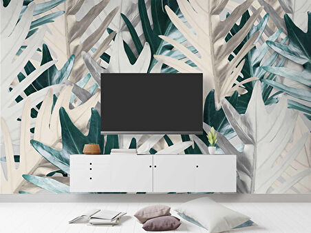 Yeşil Beyaz Yaprak Desenli Duvar Kağıdı