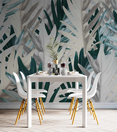 Yeşil Beyaz Yaprak Desenli Duvar Kağıdı