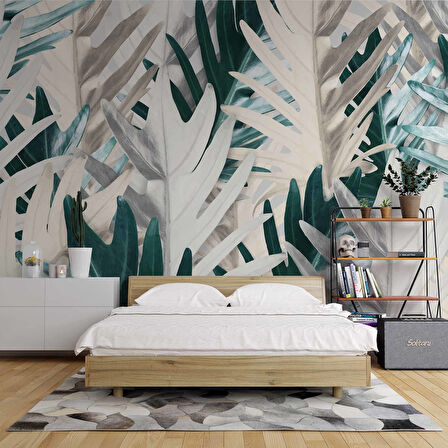 Yeşil Beyaz Yaprak Desenli Duvar Kağıdı