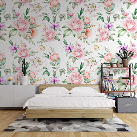 Pembe Turuncu Gül Desenli Duvar Kağıdı