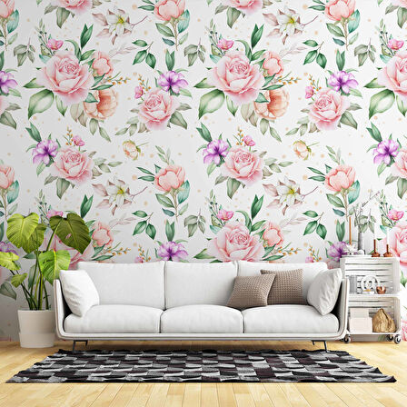 Pembe Turuncu Gül Desenli Duvar Kağıdı