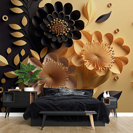 3 Boyutlu Sarı Siyah Çiçek Desenli Duvar Kağıdı