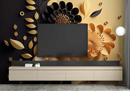 3 Boyutlu Sarı Siyah Çiçek Desenli Duvar Kağıdı