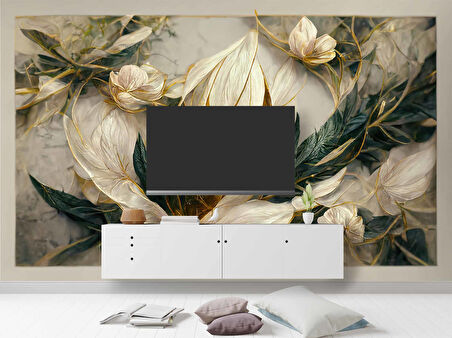 3 Boyutlu Beyaz Çiçek ve Altın Görünümlü Duvar Kağıdı