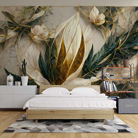 3 Boyutlu Beyaz Çiçek ve Altın Görünümlü Duvar Kağıdı