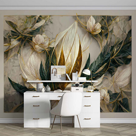 3 Boyutlu Beyaz Çiçek ve Altın Görünümlü Duvar Kağıdı