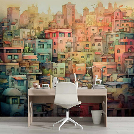 Sanatsal Ev Çizim Desenli Duvar Kağıdı