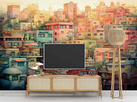 Sanatsal Ev Çizim Desenli Duvar Kağıdı