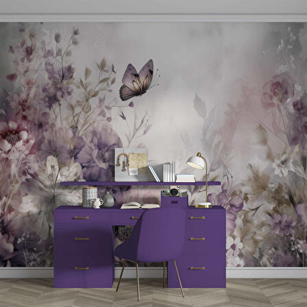 Eflatun Çiçek ve Kelebek Manzaralı Duvar Kağıdı