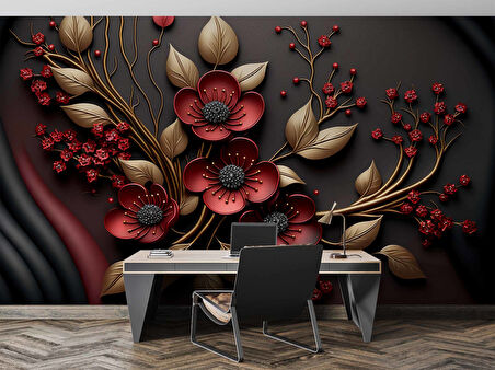 Siyah Temalı Kırmızı Çiçek ve Altın Desenli Duvar Kağıdı