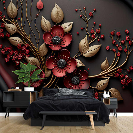 Siyah Temalı Kırmızı Çiçek ve Altın Desenli Duvar Kağıdı