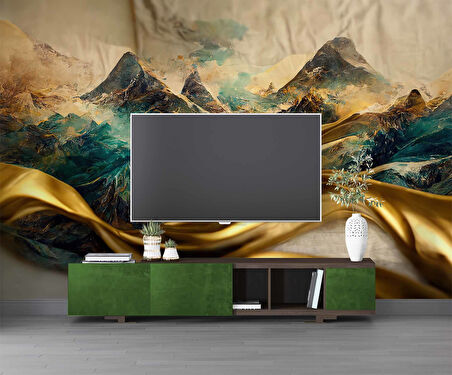 3 Boyutlu Eskitme Dağ ve Suluboya Çizimli Duvar Kağıdı