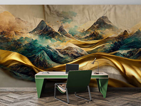 3 Boyutlu Eskitme Dağ ve Suluboya Çizimli Duvar Kağıdı
