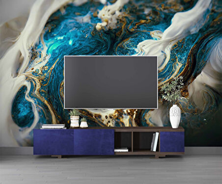 3 Boyutlu Lacivert Yağlıboya Desenli Duvar Kağıdı