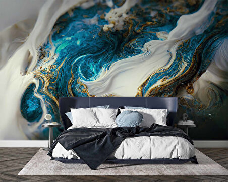 3 Boyutlu Lacivert Yağlıboya Desenli Duvar Kağıdı