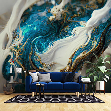 3 Boyutlu Lacivert Yağlıboya Desenli Duvar Kağıdı