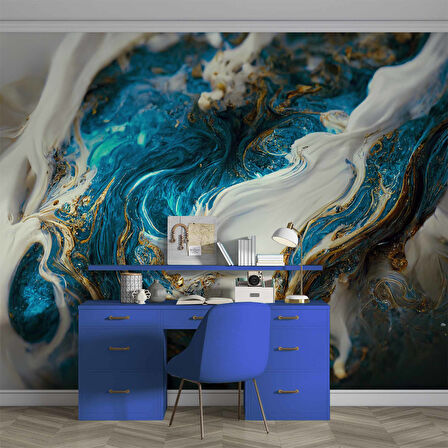 3 Boyutlu Lacivert Yağlıboya Desenli Duvar Kağıdı